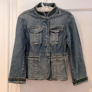 DKNY denim jacket sz 10 beaded mandarin collar and cuff, hook and eye placket